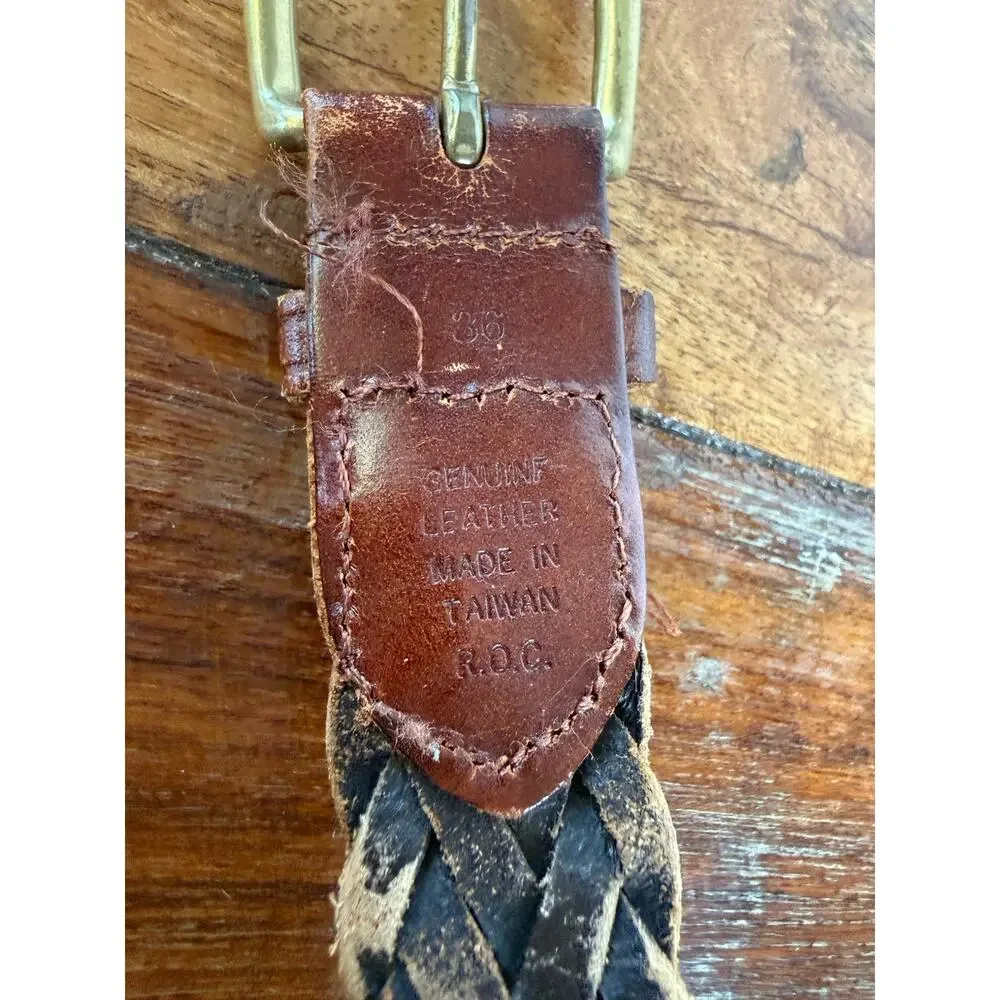 Vintage Brown Genuine Leather Braided Belt Size 36 Brass Buckle Boho Western